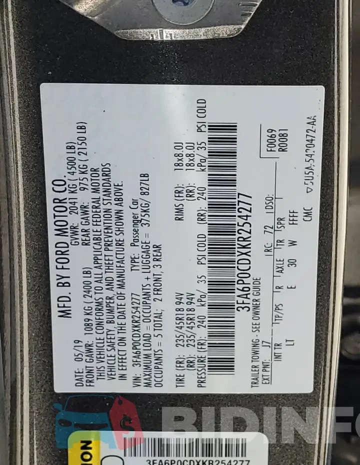 3FA6P0CDXKR254277 Photo# 12
