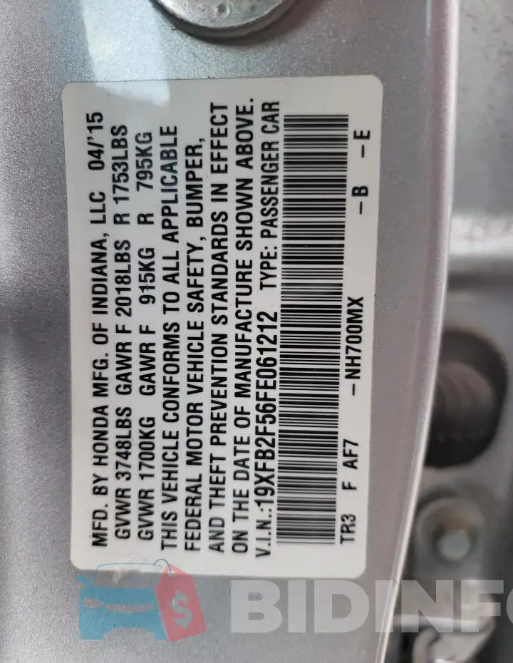 19XFB2F56FE061212 Photo# 12
