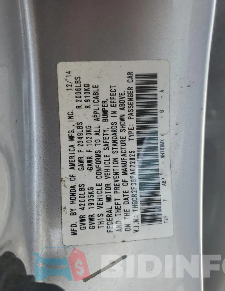 1HGCR2F38FA072925 Photo# 12