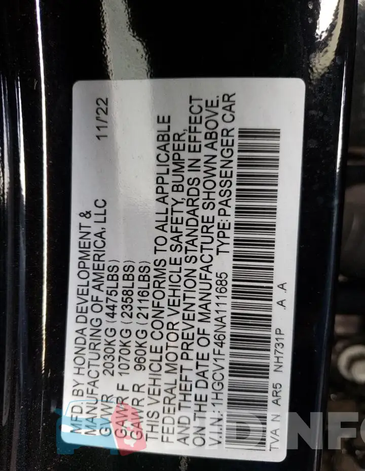 1HGCV1F46NA111685 Photo# 12