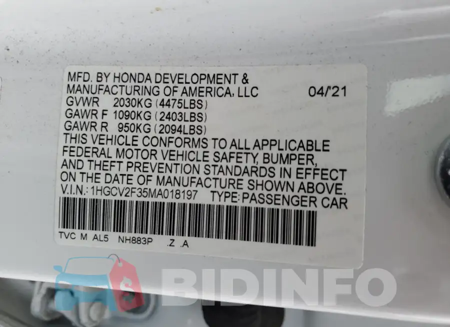 1HGCV2F35MA018197 Photo# 12