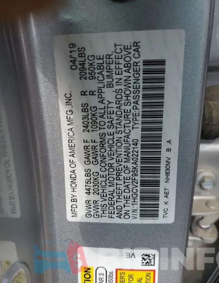 1HGCV2F95KA022140 Photo# 12