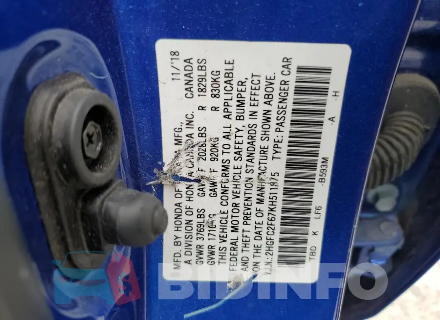 2HGFC2F67KH511875 Photo# 12