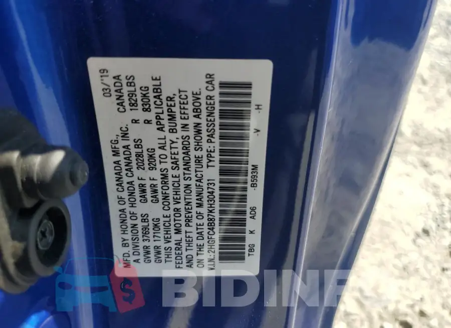 2HGFC4B87KH304731 Photo# 12