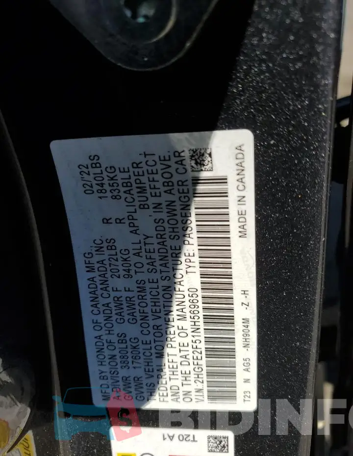 2HGFE2F51NH569650 Photo# 12
