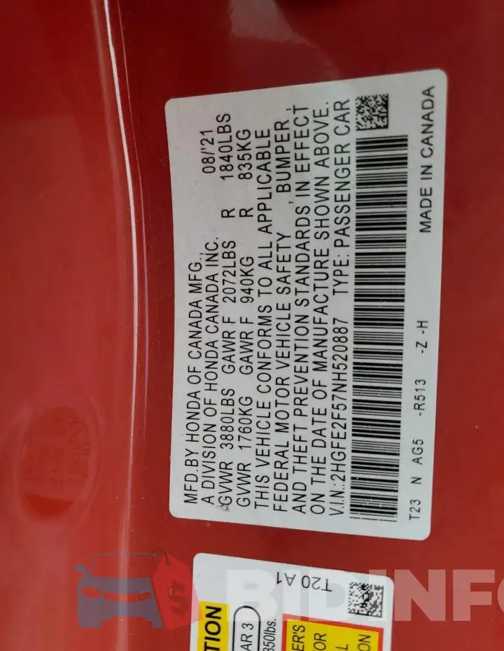 2HGFE2F57NH520887 Photo# 12