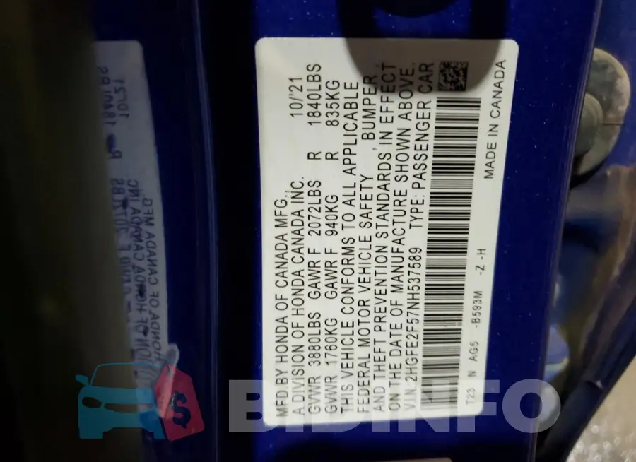 2HGFE2F57NH537589 Photo# 12