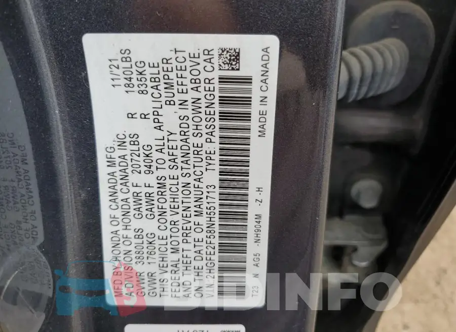 2HGFE2F58NH551713 Photo# 13