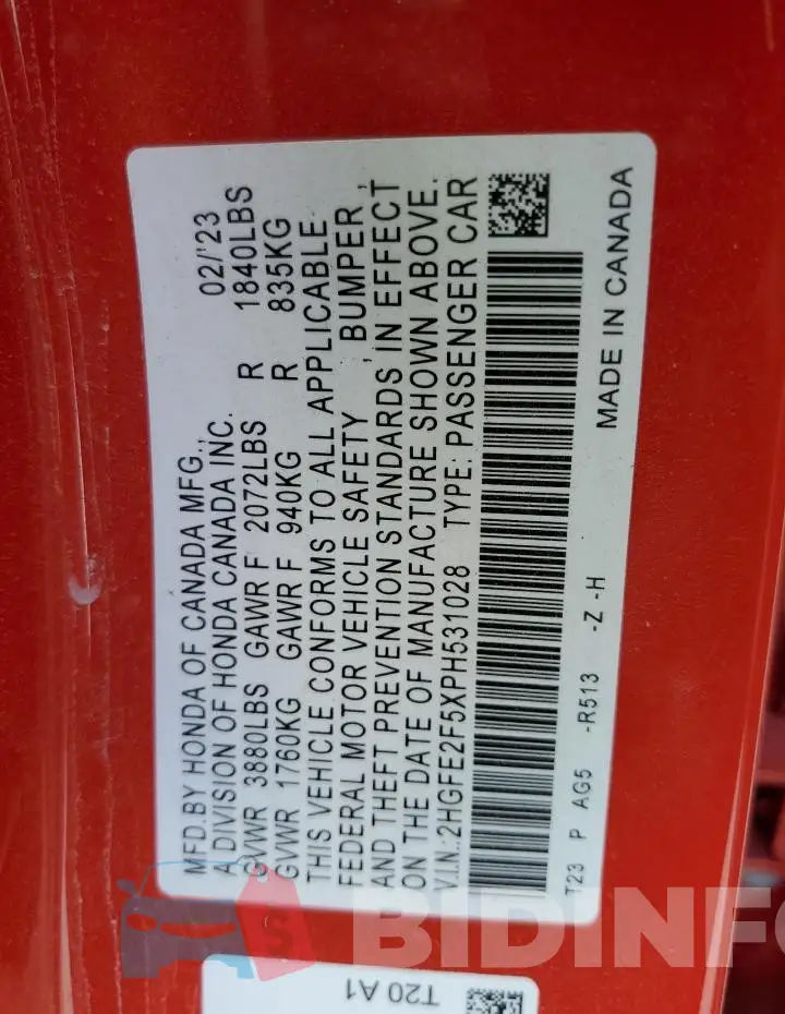2HGFE2F5XPH531028 Photo# 12