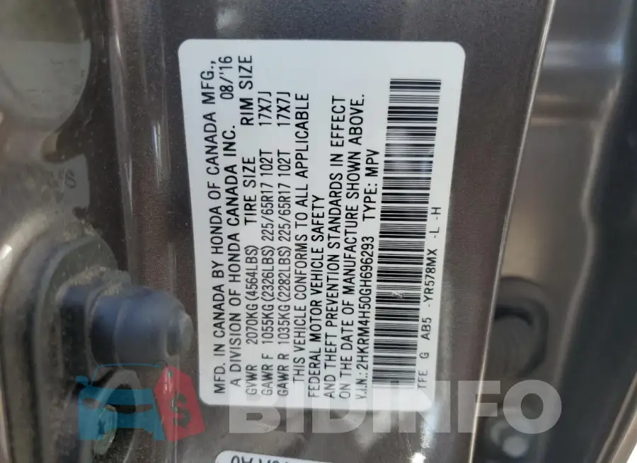 2HKRM4H50GH696293 Photo# 12