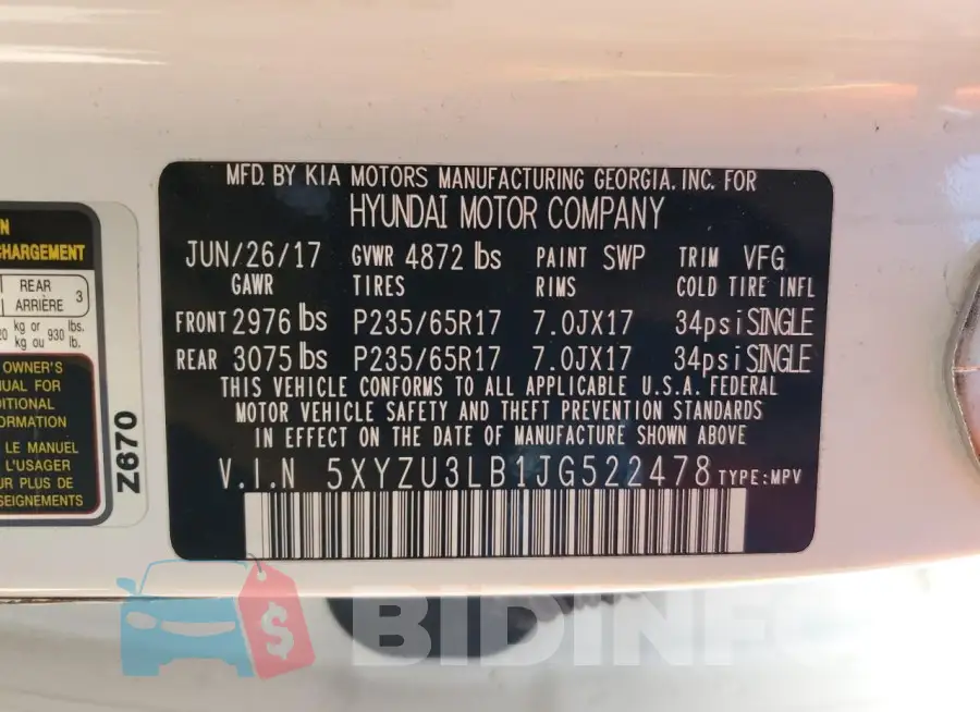 5XYZU3LB1JG522478 Photo# 14