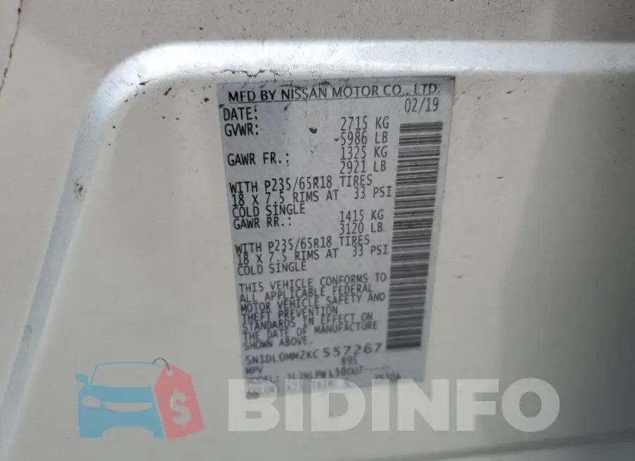 5N1DL0MM2KC557267 Photo# 13