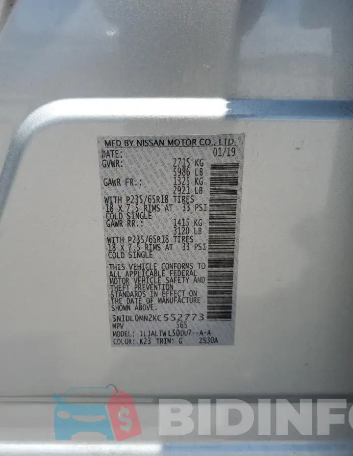 5N1DL0MN2KC552773 Photo# 13