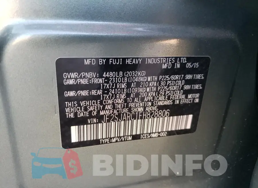 JF2SJARC1FH828806 Photo# 14