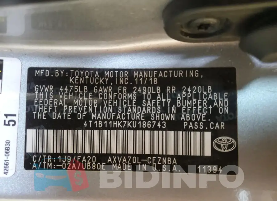 4T1B11HK7KU186743 Photo# 12