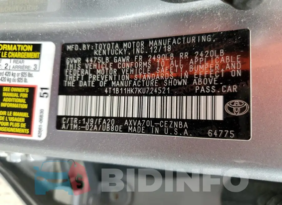 4T1B11HK7KU724521 Photo# 12