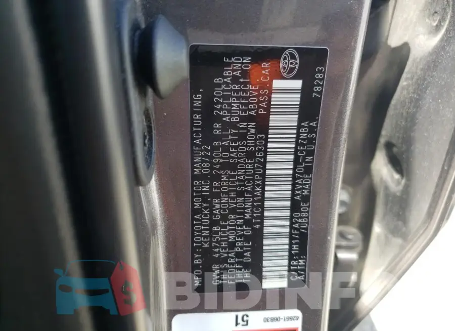 4T1C11AKXPU726303 Photo# 13