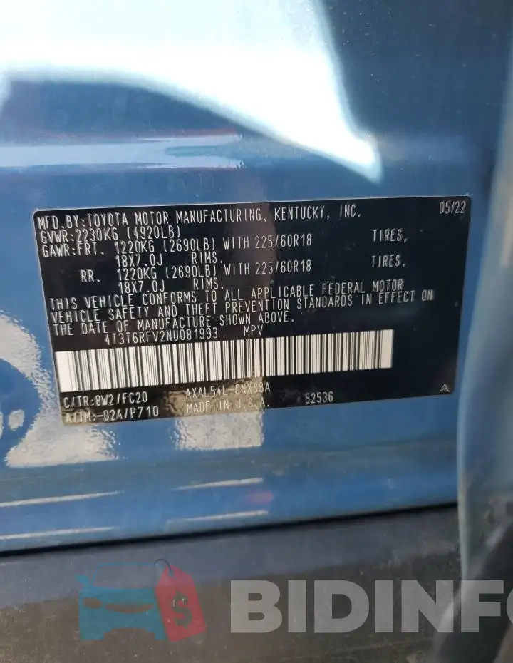 4T3T6RFV2NU081993 Photo# 12
