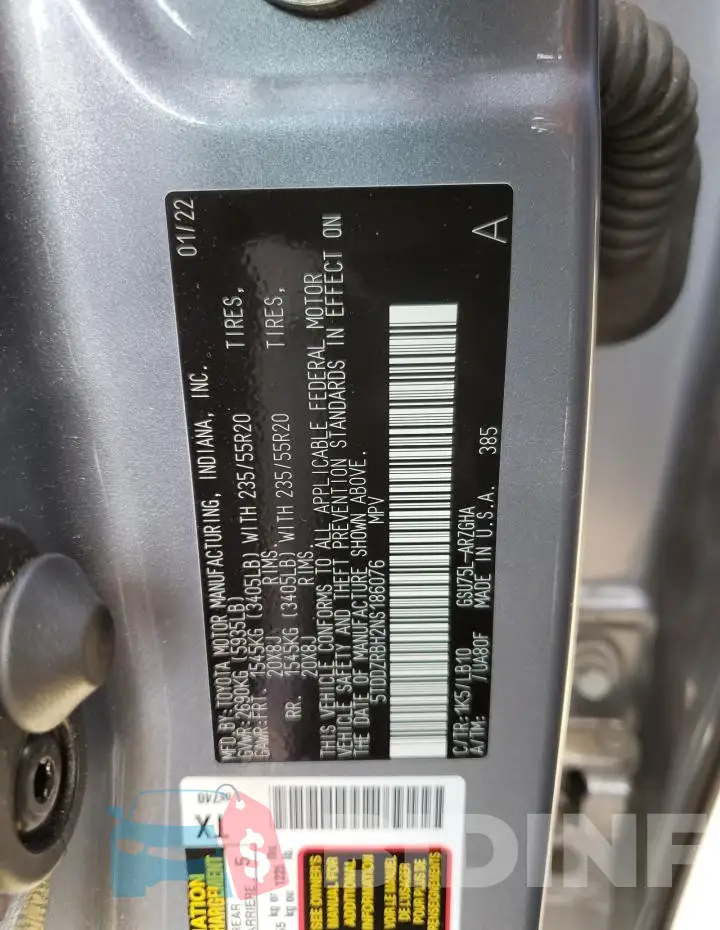 5TDDZRBH2NS186076 Photo# 13