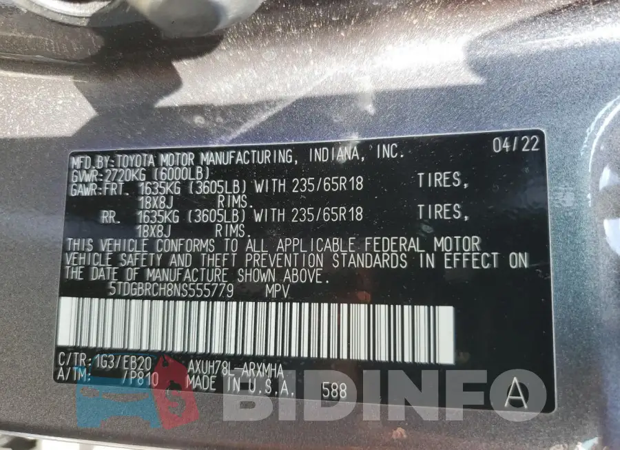5TDGBRCH8NS555779 Photo# 13