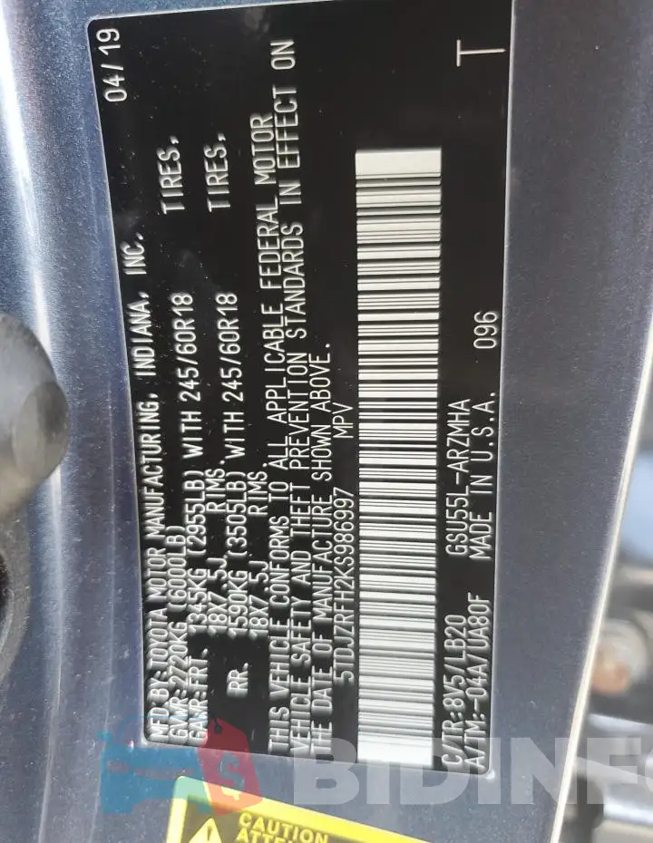 5TDJZRFH2KS986997 Photo# 12