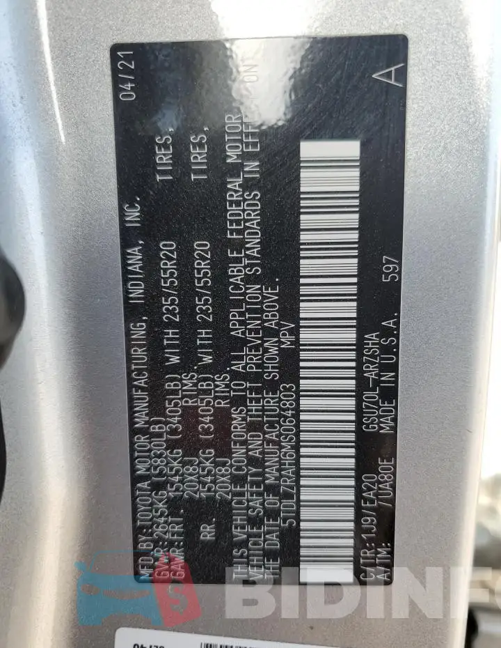 5TDLZRAH6MS064803 Photo# 14