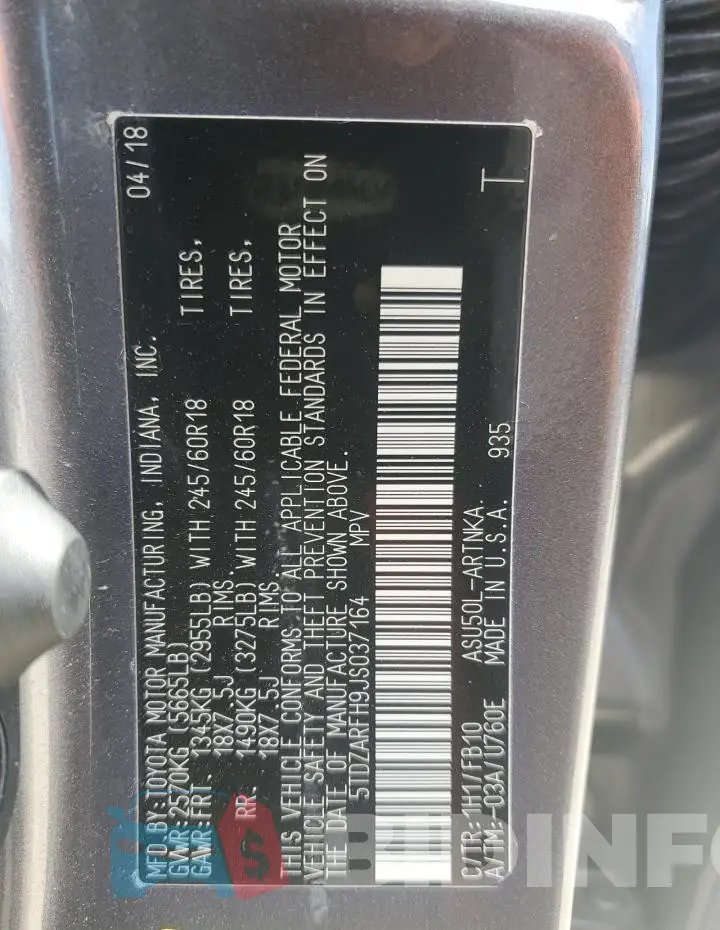 5TDZARFH9JS037164 Photo# 12