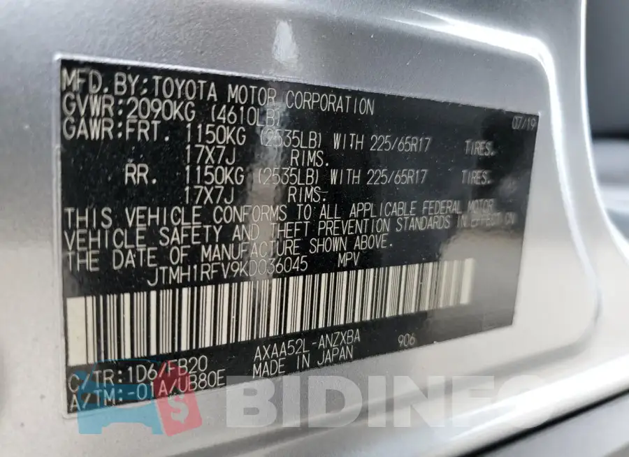 JTMH1RFV9KD036045 Photo# 13