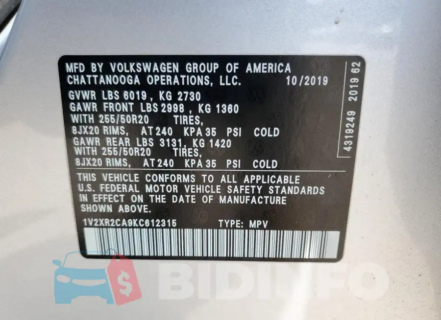 1V2XR2CA9KC612315 Photo# 13