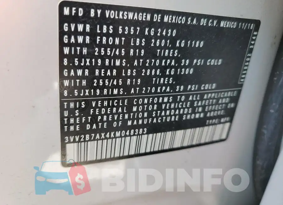 3VV2B7AX4KM048383 Photo# 14