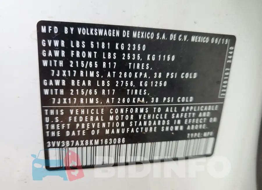 3VV3B7AX8KM163086 Photo# 13
