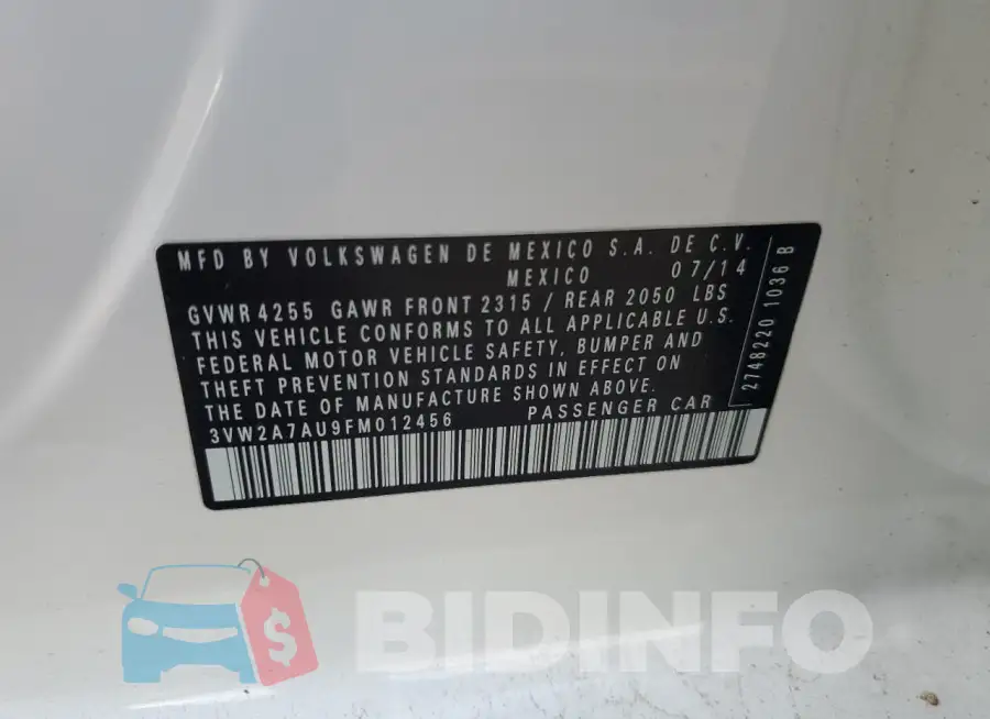 3VW2A7AU9FM012456 Photo# 12