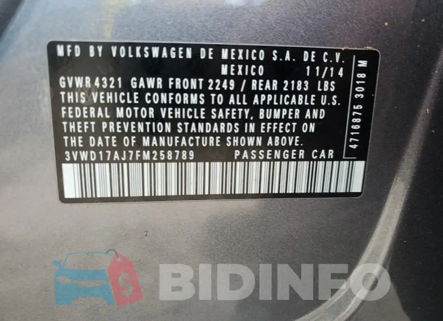 3VWD17AJ7FM258789 Photo# 13