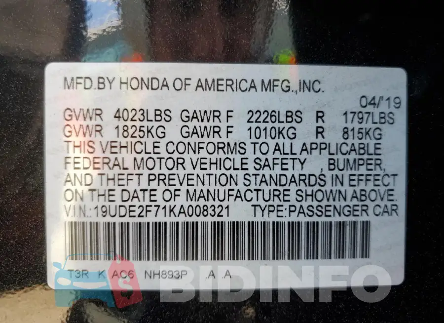 19UDE2F71KA008321 Photo# 12