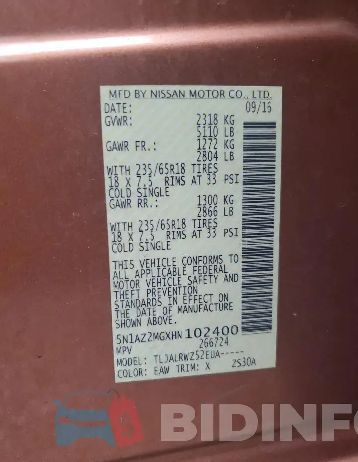 5N1AZ2MGXHN102400 Photo# 14