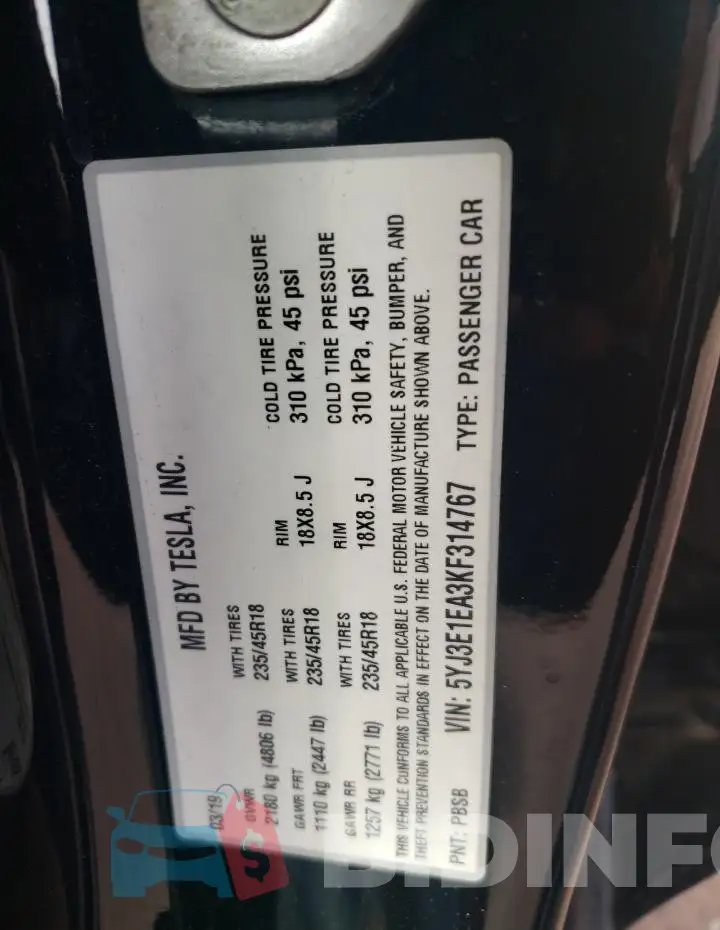 5YJ3E1EA3KF314767 Photo# 14