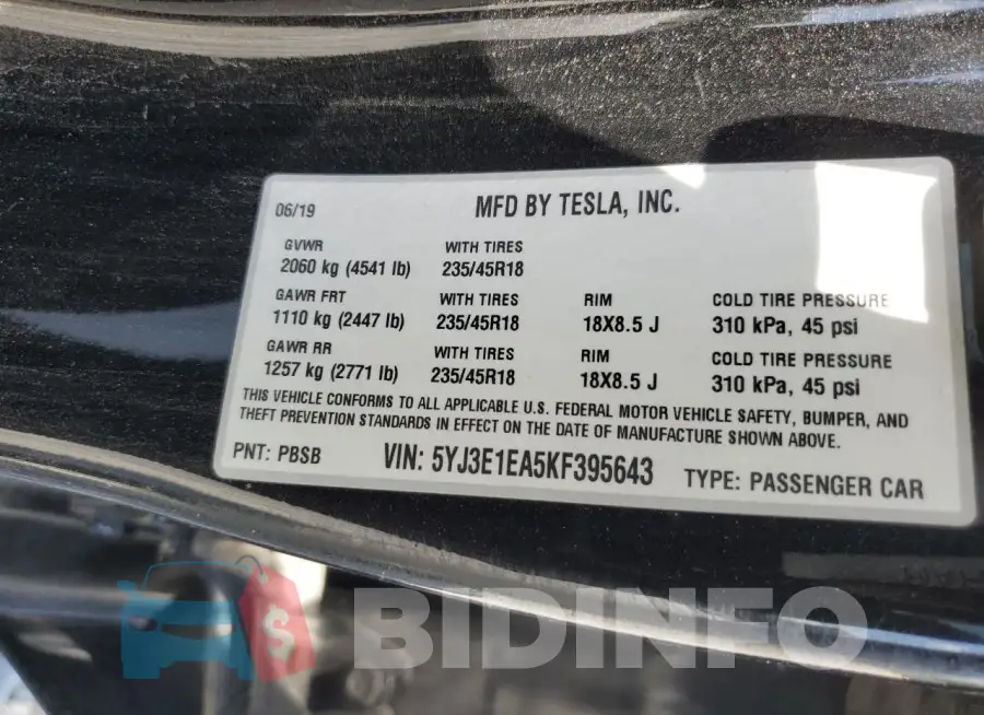 5YJ3E1EA5KF395643 Photo# 13