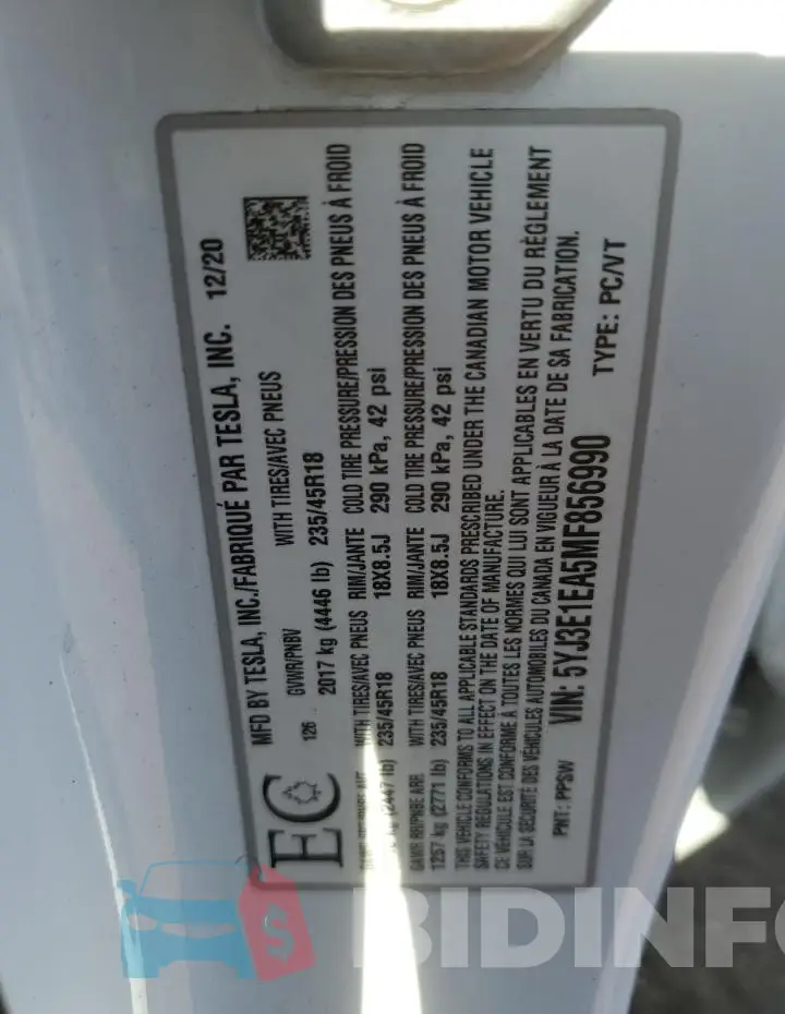 5YJ3E1EA5MF856990 Photo# 12