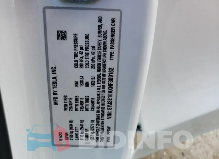 5YJ3E1EAXNF309182 Photo# 13