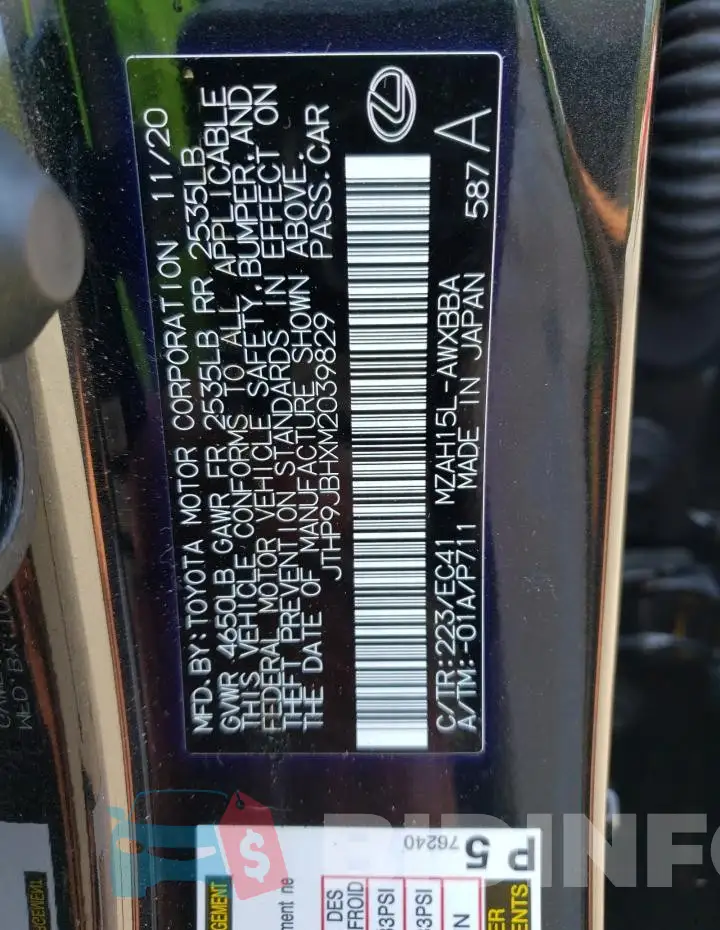 JTHP9JBHXM2039829 Photo# 14