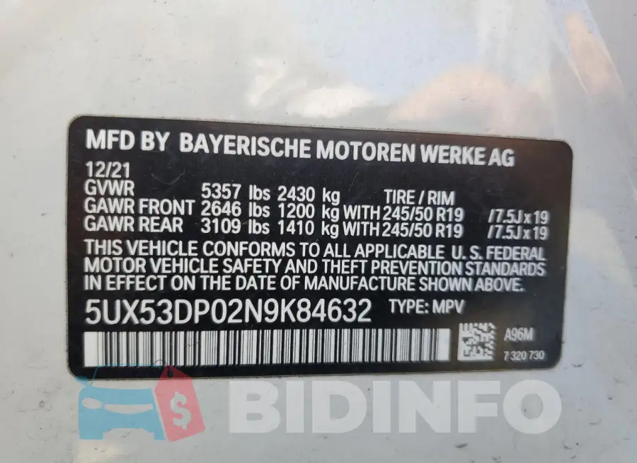 5UX53DP02N9K84632 Photo# 13