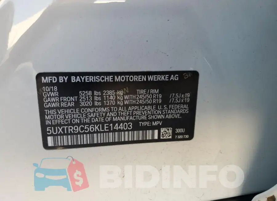 5UXTR9C56KLE14403 Photo# 13