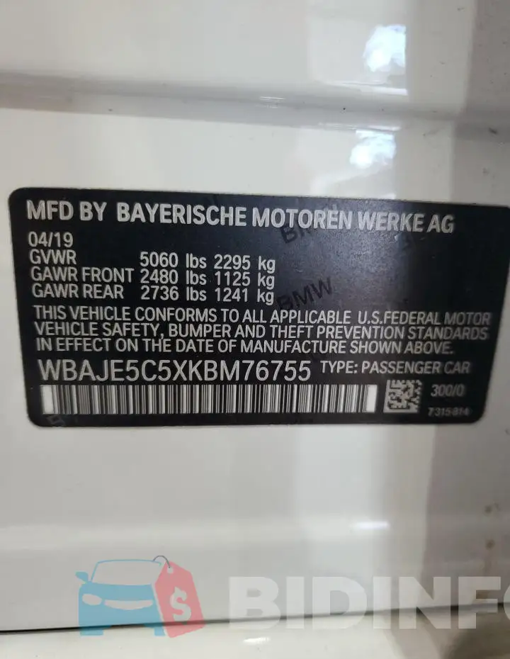 WBAJE5C5XKBM76755 Photo# 13