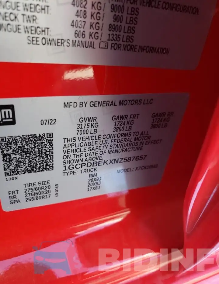 1GCPDBEKXNZ587657 Photo# 13