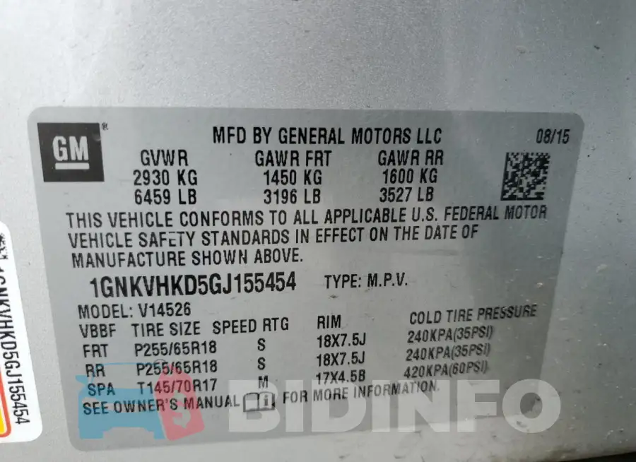 1GNKVHKD5GJ155454 Photo# 13