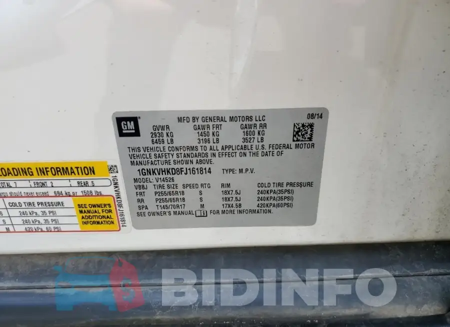 1GNKVHKD8FJ161814 Photo# 14