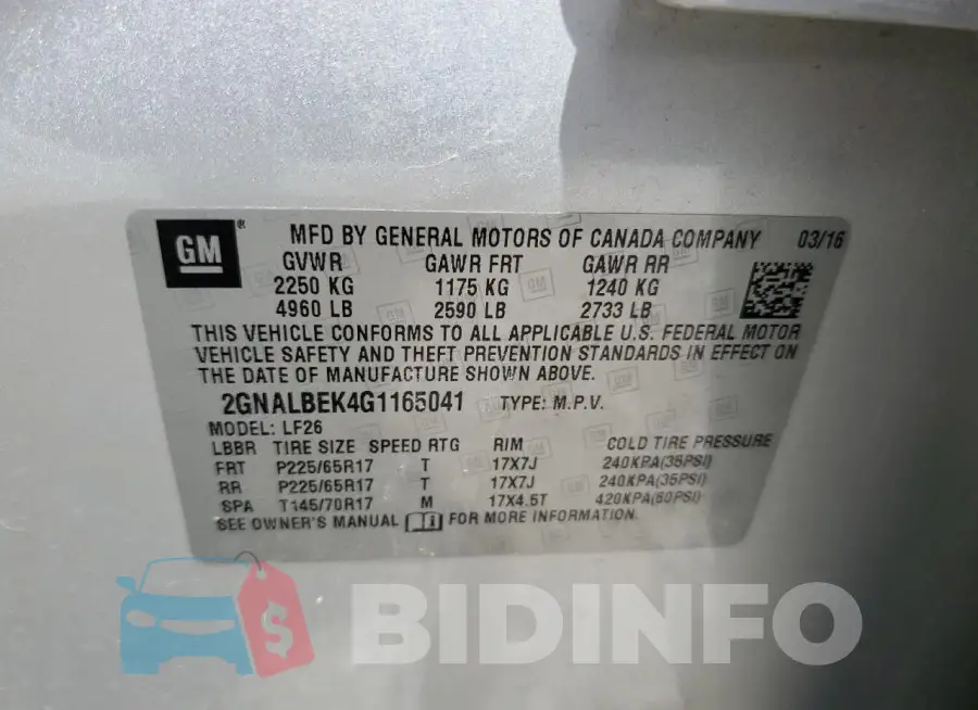 2GNALBEK4G1165041 Photo# 13