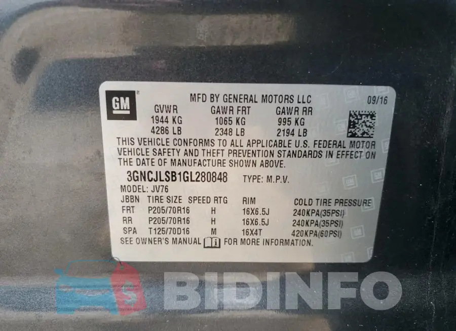 3GNCJLSB1GL280848 Photo# 13