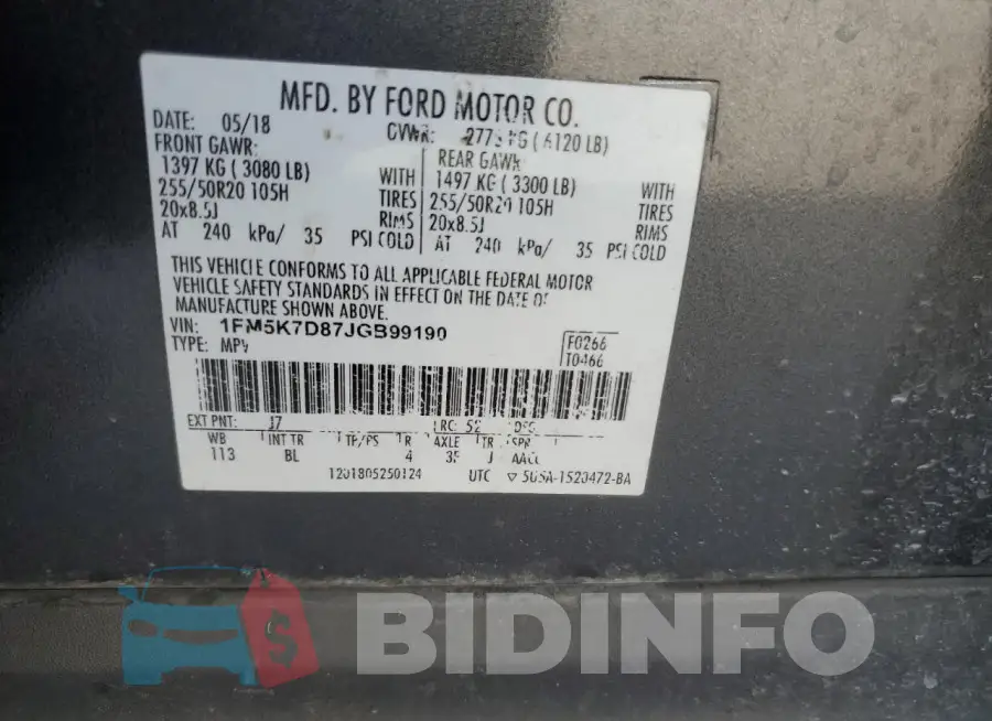 1FM5K7D87JGB99190 Photo# 12