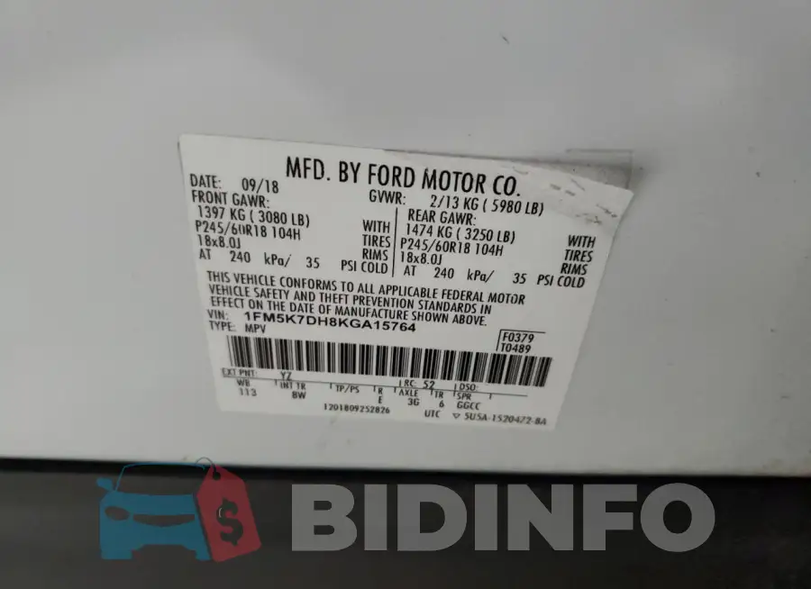 1FM5K7DH8KGA15764 Photo# 13
